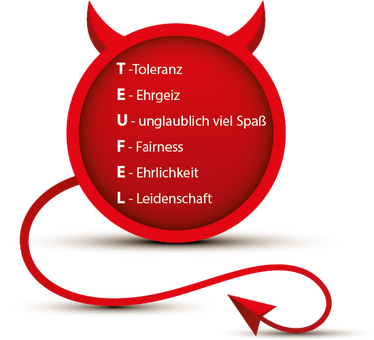 Teufelskicker_logo_text Teufelskicker Logo mit innerem Text, T für Toleranz, E für Ergeiz, U für unglaublich viel Spass, F für Fairness, E für Ehrlickeit, L für Leidenschaft